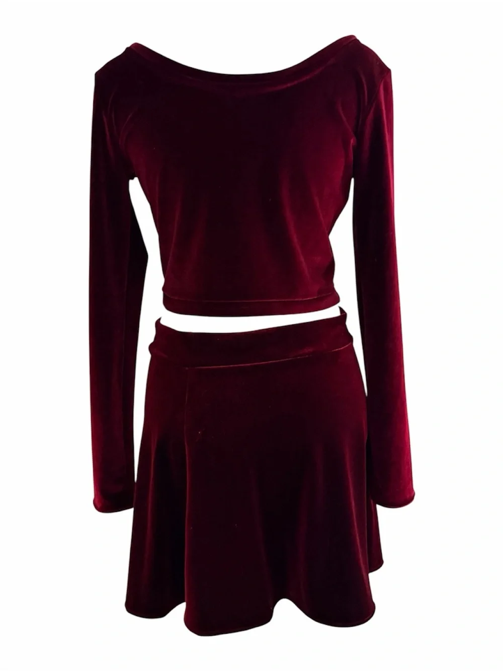Vintage 90s Burgundy 2 Piece Velvet Long Sleeve Crop and Mini Skater Skirt Set L